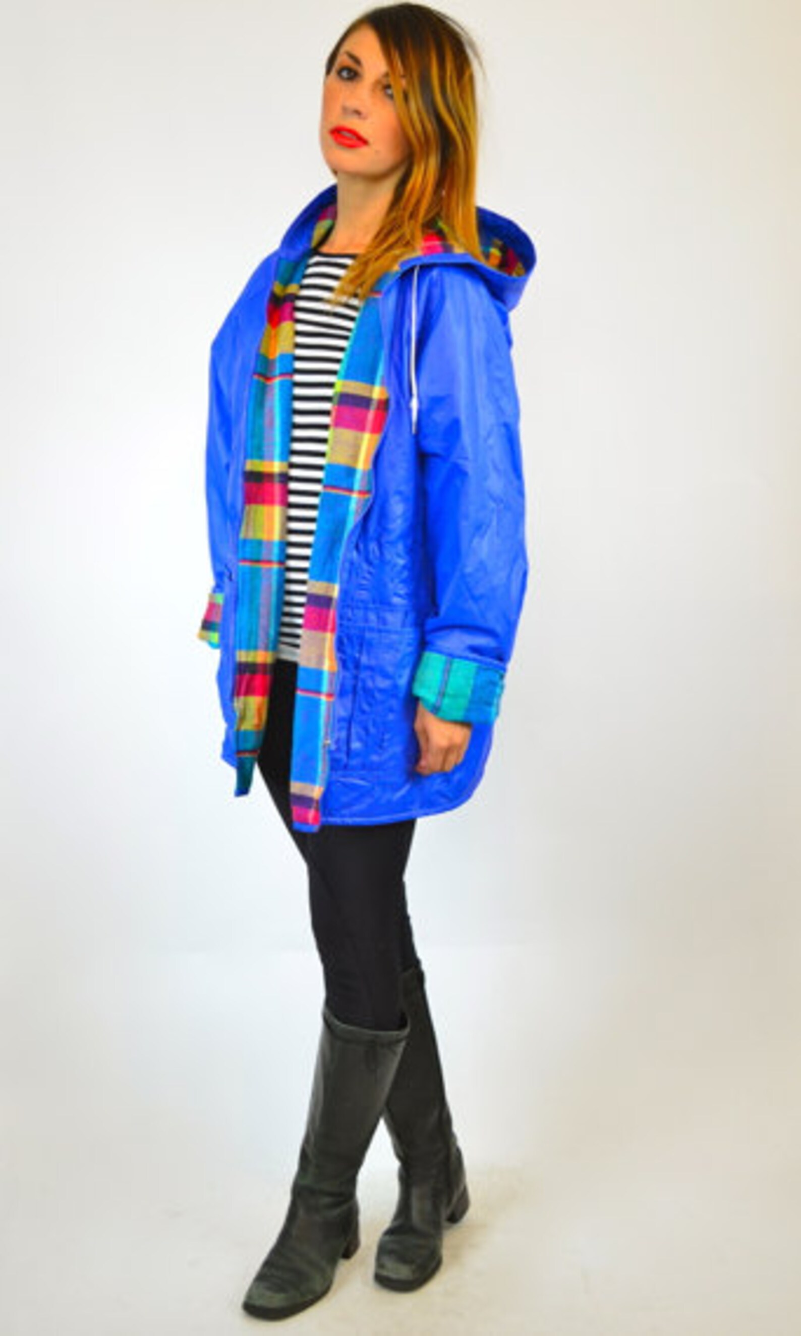 Neon plaid HOODED royal blue VINYL rain JACKET slicker extra | Etsy