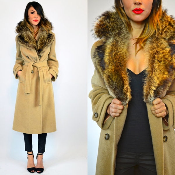 MOCHA bohemian glam COYOTE fur double breasted wool TRENCH coat, small-medium