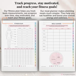 Puede incluir: Un planificador de fitness y comidas con el texto "&iexcl;Haz un seguimiento del progreso, mantente motivado y alcanza tus objetivos de fitness!" El plan de fitness incluye el seguimiento de las medidas corporales. El planificador de comidas tiene secciones para comidas diarias.
