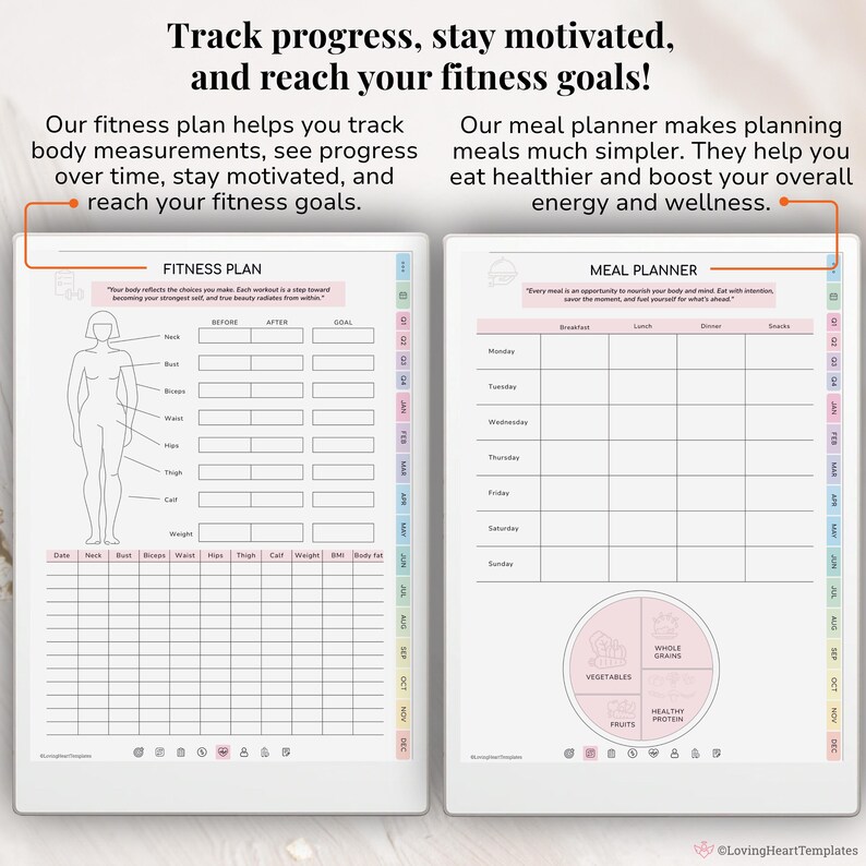 Puede incluir: Un planificador de fitness y comidas con el texto "&iexcl;Haz un seguimiento del progreso, mantente motivado y alcanza tus objetivos de fitness!" El plan de fitness incluye el seguimiento de las medidas corporales. El planificador de comidas tiene secciones para comidas diarias.