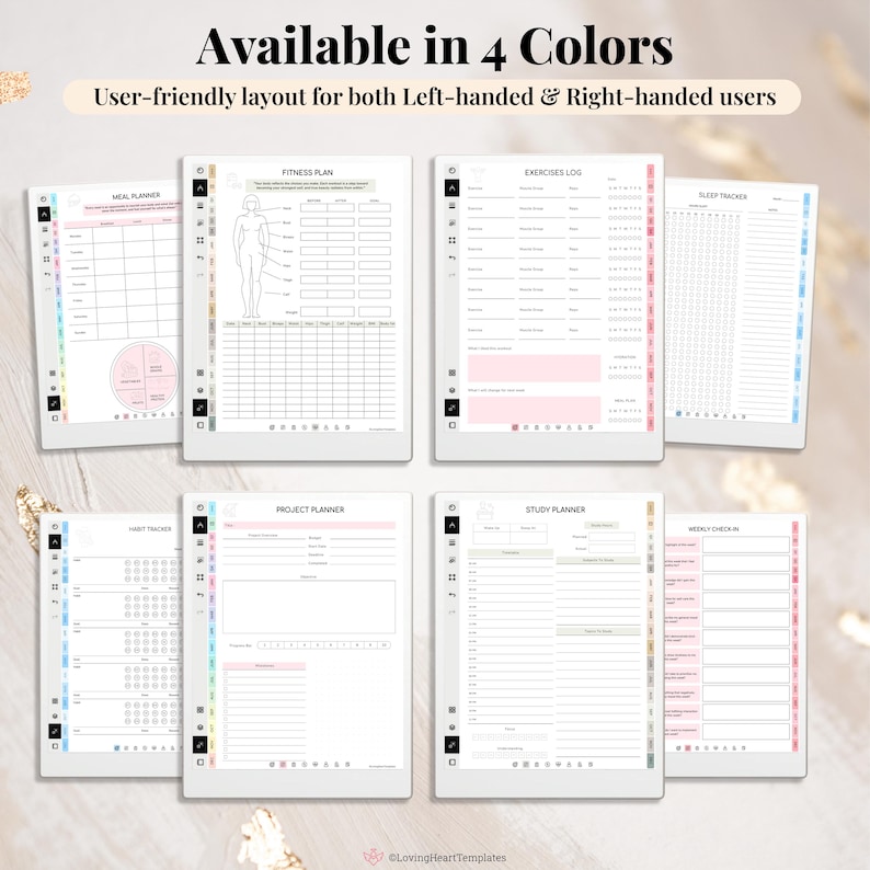 Puede incluir: Plantillas de planificador digital en cuatro colores, con dise&ntilde;os para la planificaci&oacute;n de comidas, fitness, ejercicios, seguimiento del sue&ntilde;o, seguimiento de h&aacute;bitos, planificaci&oacute;n de proyectos, planificaci&oacute;n de estudios y controles semanales. El texto dice "Available in 4 Colors".