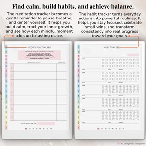 Puede incluir: P&aacute;ginas de planificador digital con un rastreador de meditaci&oacute;n y un rastreador de h&aacute;bitos. El rastreador de meditaci&oacute;n tiene espacio para registrar actividades y duraci&oacute;n. El rastreador de h&aacute;bitos tiene espacio para registrar metas, h&aacute;bitos y recompensas. Las p&aacute;ginas son blancas con acentos pastel.
