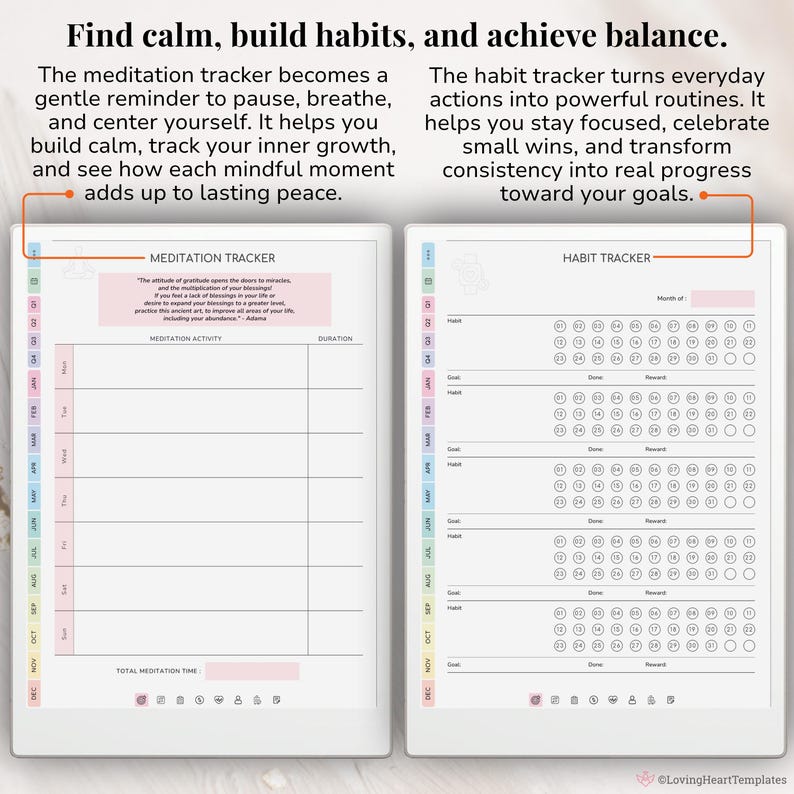 Puede incluir: P&aacute;ginas de planificador digital con un rastreador de meditaci&oacute;n y un rastreador de h&aacute;bitos. El rastreador de meditaci&oacute;n tiene espacio para registrar actividades y duraci&oacute;n. El rastreador de h&aacute;bitos tiene espacio para registrar metas, h&aacute;bitos y recompensas. Las p&aacute;ginas son blancas con acentos pastel.