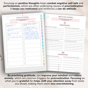 Puede incluir: Un planificador digital con p&aacute;ginas para el pensamiento positivo y el diario de gratitud. El planificador incluye secciones para pensamientos negativos y positivos, reflexiones matutinas y vespertinas, y indicaciones para la autorreflexi&oacute;n. El texto dice: "Centrarse en los pensamientos positivos ayuda a combatir el di&aacute;logo interno negativo."