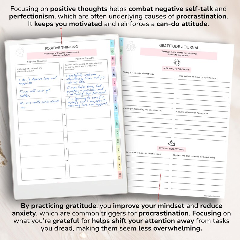 Puede incluir: Un planificador digital con p&aacute;ginas para el pensamiento positivo y el diario de gratitud. El planificador incluye secciones para pensamientos negativos y positivos, reflexiones matutinas y vespertinas, y indicaciones para la autorreflexi&oacute;n. El texto dice: "Centrarse en los pensamientos positivos ayuda a combatir el di&aacute;logo interno negativo."
