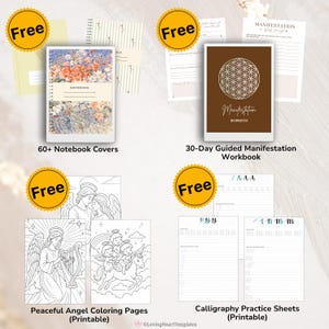Puede incluir: Una variedad de productos digitales imprimibles, que incluyen portadas de cuadernos, un cuaderno de trabajo de manifestaci&oacute;n guiada de 30 d&iacute;as, p&aacute;ginas para colorear de &aacute;ngeles y hojas de pr&aacute;ctica de caligraf&iacute;a. Cada art&iacute;culo est&aacute; etiquetado con "Free".