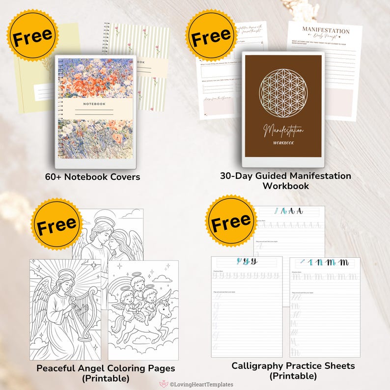 Puede incluir: Una variedad de productos digitales imprimibles, que incluyen portadas de cuadernos, un cuaderno de trabajo de manifestaci&oacute;n guiada de 30 d&iacute;as, p&aacute;ginas para colorear de &aacute;ngeles y hojas de pr&aacute;ctica de caligraf&iacute;a. Cada art&iacute;culo est&aacute; etiquetado con "Free".