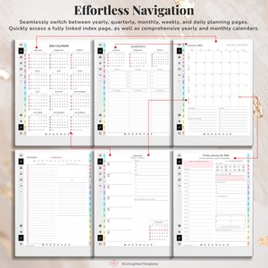 Puede incluir: Un planificador digital con varias p&aacute;ginas que muestran dise&ntilde;os de planificaci&oacute;n anual, trimestral, mensual, semanal y diaria. Las p&aacute;ginas incluyen calendarios y listas de tareas, con el texto "Effortless Navigation" en la parte superior.