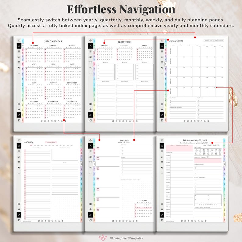 Puede incluir: Un planificador digital con varias p&aacute;ginas que muestran dise&ntilde;os de planificaci&oacute;n anual, trimestral, mensual, semanal y diaria. Las p&aacute;ginas incluyen calendarios y listas de tareas, con el texto "Effortless Navigation" en la parte superior.