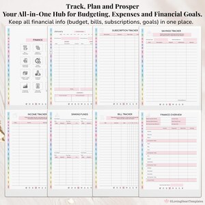Puede incluir: Un planificador blanco con detalles en rosa y pastel, con secciones para finanzas, ingresos y seguimiento de ahorros. El planificador incluye el texto "Track, Plan and Prosper" y "Your All-in-One Hub for Budgeting, Expenses and Financial Goals."