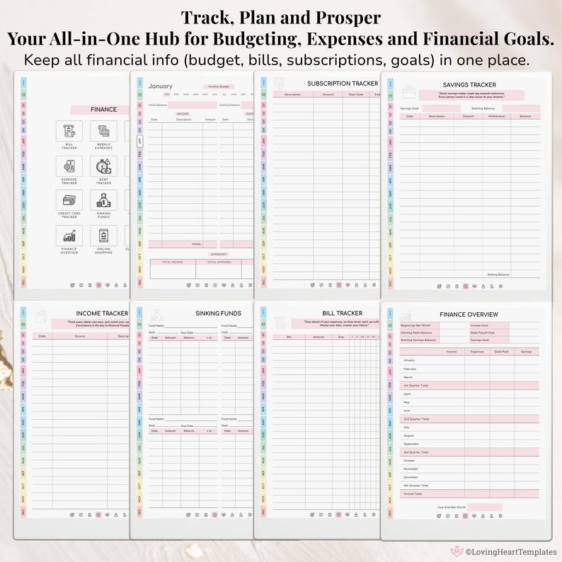 Puede incluir: Un planificador blanco con detalles en rosa y pastel, con secciones para finanzas, ingresos y seguimiento de ahorros. El planificador incluye el texto "Track, Plan and Prosper" y "Your All-in-One Hub for Budgeting, Expenses and Financial Goals."
