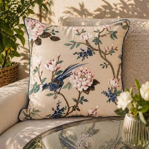 Blue Floral Cotton Cushion Cover, Vintage Throw Pillow Cover, Farmhouse Pillow Case, Cottagecore Sofa Decor, Decorative Cushion Cover