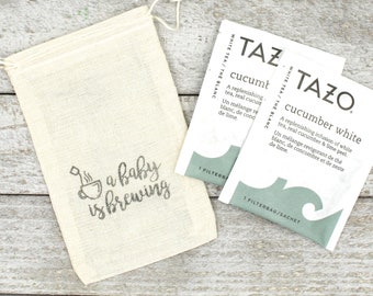 Baby Shower Tea Favor Bags - Cloth gift bags, A Baby is Brewing, cotton favor bags, tea bag holder, hand stamped favor, tea favor bags