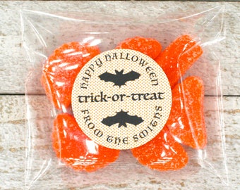 Halloween favor stickers and bags, personalized Trick or Treat labels, black bat with orange polka dot, fun halloween treat bags, treat bags