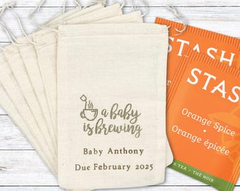Personalized Baby Shower Favor Bags -  Cloth tea gift bags, A Baby is Brewing
