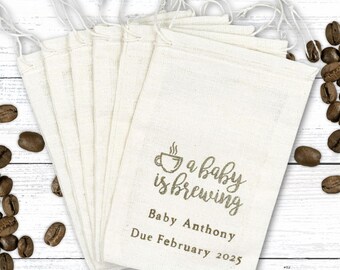 Personalized Baby Shower favor bags- Cloth favor bags, A Baby is Brewing, hand stamped favor bags for coffee or tea guest gifts