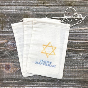 Hanukkah Gift Bags 8 cloth bags for party favors or gifts Rustic shabby chic decoration for Jewish holiday celebration Hand stamped image 4