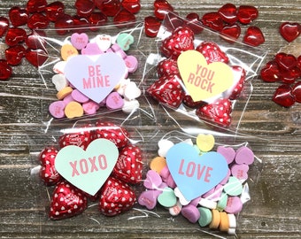 Valentine's Day Favor Stickers and Bags - 15 heart shaped labels, pastel conversation heart designs, class party gift or party favor wrap