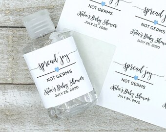 Baby Shower Favor Labels - 20 Personalized Mini Sanitizer Labels for Shower, Party - Spread Joy, Not Germs - Gift for guests, Covid favors