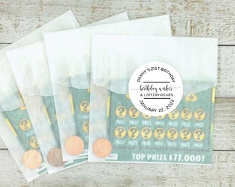 Personalized Lottery Ticket Favor Labels and Bags - Birthday Wishes and Lottery Riches - Set of 20 favor stickers, optional bags