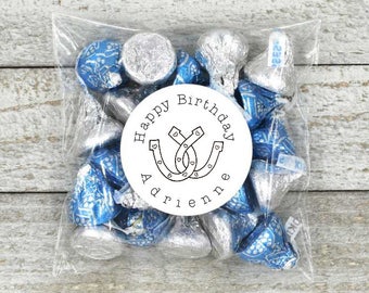 Personalized Birthday Party Favor Stickers with Clear Bags- 20 gift labels, Happy Birthday horseshoe design, western theme bday celebration