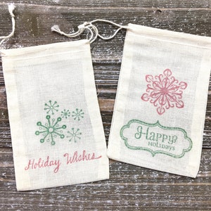 Holiday party favor bags Set of 10 Christmas gift bags Happy Holidays snowflakes in red and green Great gift card holder. image 1