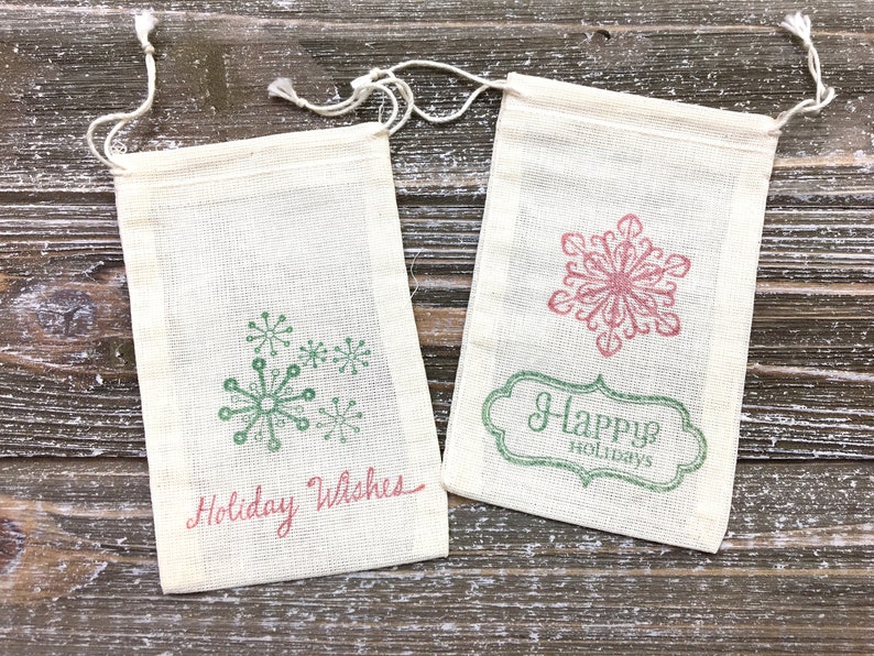 Holiday party favor bags Set of 10 Christmas gift bags Happy Holidays snowflakes in red and green Great gift card holder. image 1