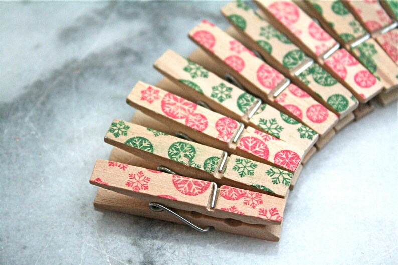Mini Christmas Clothespins Set of 12 Hand Stamped Red and Etsy