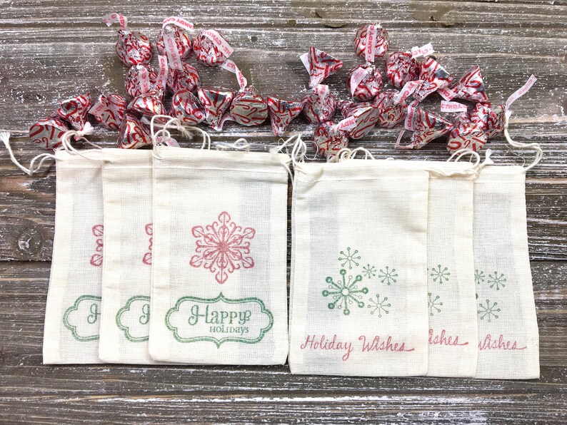 Holiday party favor bags Set of 10 Christmas gift bags Happy Holidays snowflakes in red and green Great gift card holder. image 5