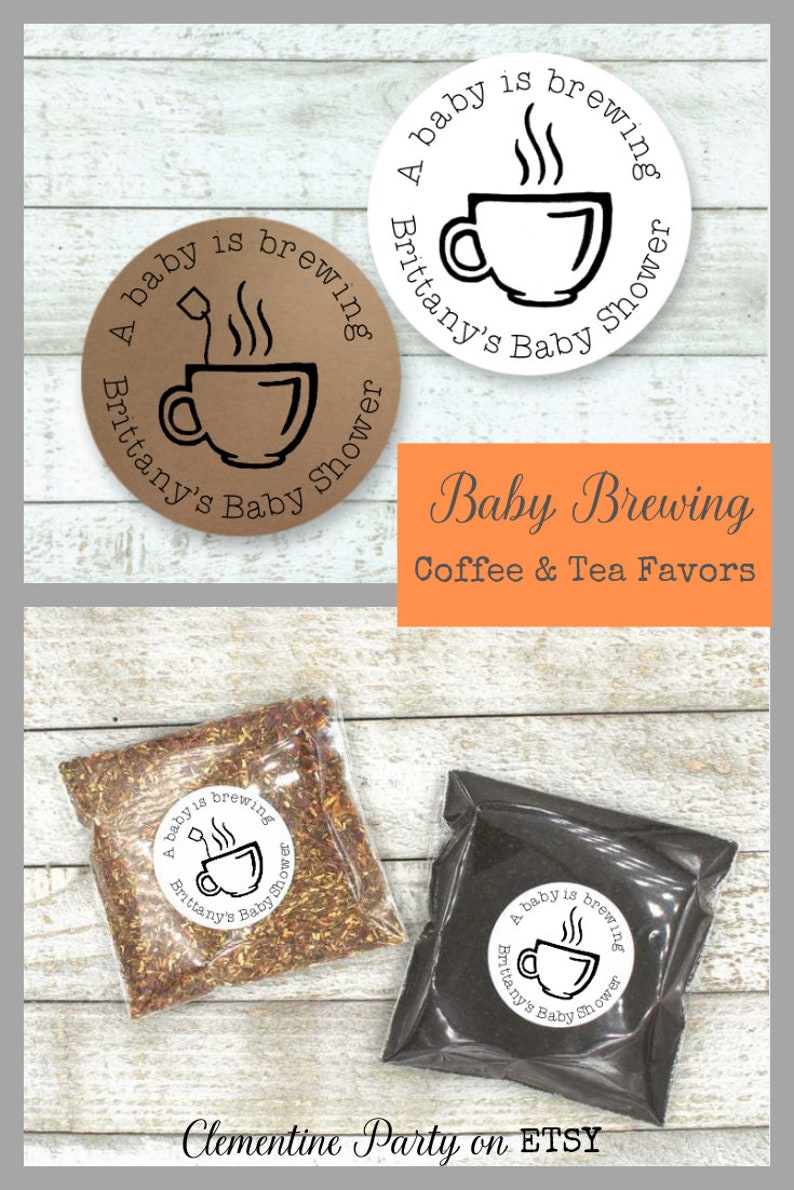 A Baby is Brewing coffee or tea gift bag for shower or party guests 20 stickers with optional bags Personalized Baby Shower Favors