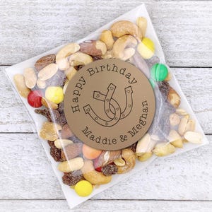 Personalized Birthday Party Favor Stickers - Western horse shoe gift tag, optional Clear Bags - 20 gift labels, gift for party guests