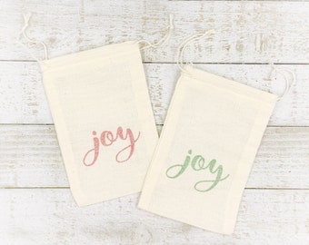 Christmas gift bags - 10 hand stamped cotton bags - JOY script in red and green - Gift card holder, holiday favor bag for Christmas party