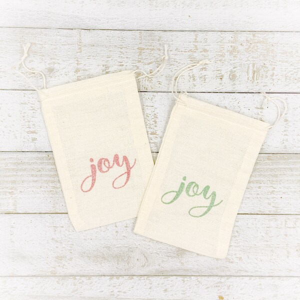 Christmas gift bags - 10 hand stamped cotton bags - JOY script in red and green - Gift card holder, holiday favor bag for Christmas party