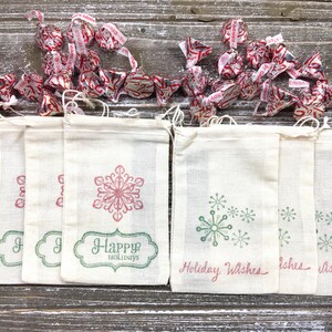 Holiday party favor bags Set of 10 Christmas gift bags Happy Holidays snowflakes in red and green Great gift card holder. image 2