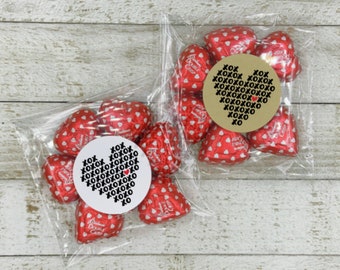 Valentine's Day Favor Stickers and Bags - 20 fun gift labels, Matte white, Kraft brown, XO hearts, class party favors, food safe favor bags