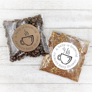 Personalized Baby Shower Favors - A Baby is Brewing, coffee or tea gift bag for shower or party guests - 20 stickers with optional bags