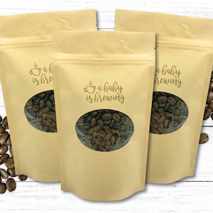 Baby is Brewing Favor Bags for Baby Shower - Kraft paper bags for coffee themed shower favors - Zip top coffee bean favor bags