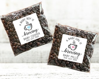 Personalized Gender Reveal Favors - A Baby is Brewing Shower Favors for Coffee or Tea - 20 stickers and optional favor bags, Boy or Girl