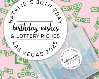 Personalized Lotto Ticket Favor Labels and Bags - Birthday Wishes and Lottery Riches - Set of 20 stickers, optional bags, custom message