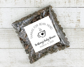 Personalized Baby Shower Favors - 20 coffee gift stickers, Thanks for Bean Here, gift tags for shower guests, add clear favor bags