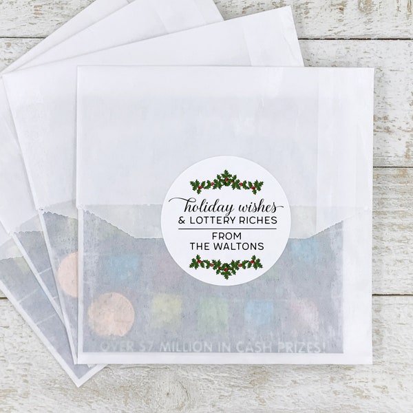 Personalized Lottery Ticket Favor Labels and Bags - Holiday Wishes & Lottery Riches - 20 stickers, bags - Christmas Stocking Stuffer