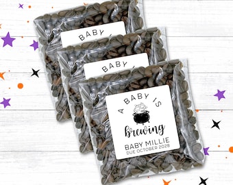 Personalized Baby Shower Favor Labels - Halloween theme, A Baby is Brewing coffee gift for guests, cute cauldron for Fall or October baby