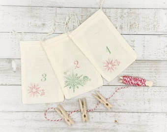 Advent calendar kit - 24 cotton drawstring bags, reusable advent countdown set for kids, family, adults - rustic Christmas holiday decor