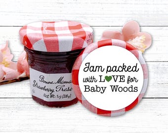 Personalized Baby Shower Favor Labels - Jam Packed with Love stickers - Set of 30 - Mini jam jar favors for party guests, custom heart color