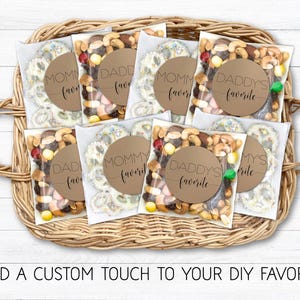 Gift bags with a mix of snacks labeled "Mommy's favorite" and "Daddy's favorite" on a wicker tray. Text below reads "Add a custom touch to your DIY favors."