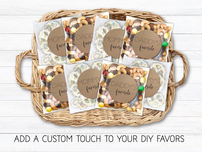 Gift bags with a mix of snacks labeled "Mommy's favorite" and "Daddy's favorite" on a wicker tray. Text below reads "Add a custom touch to your DIY favors."