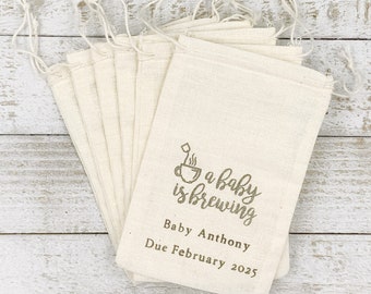 Personalized Baby Shower Favor Bags for Tea- Cloth gift bags, hand stamped, tea favor bags, A Baby is Brewing, tea gift wrap for guests