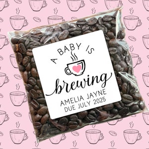 Personalized Baby Shower Favors- A Baby is Brewing labels for coffee or tea gifts for guests, bulk favor stickers, optional clear favor bags