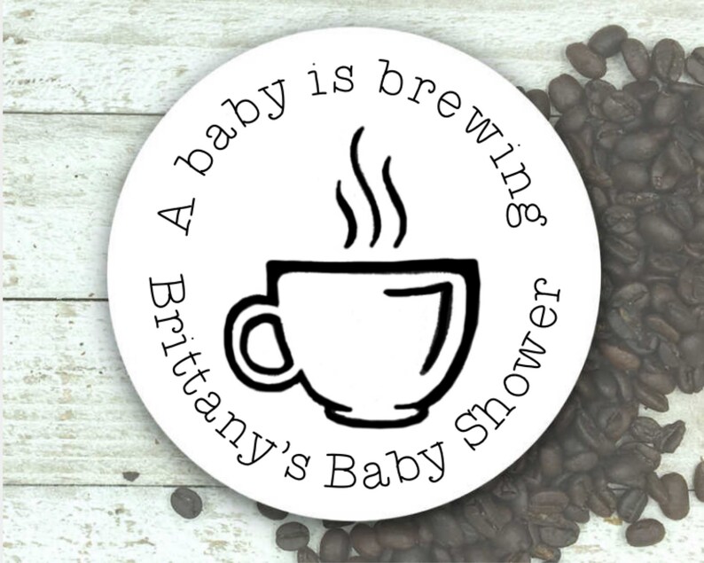 A Baby is Brewing coffee or tea gift bag for shower or party guests 20 stickers with optional bags Personalized Baby Shower Favors