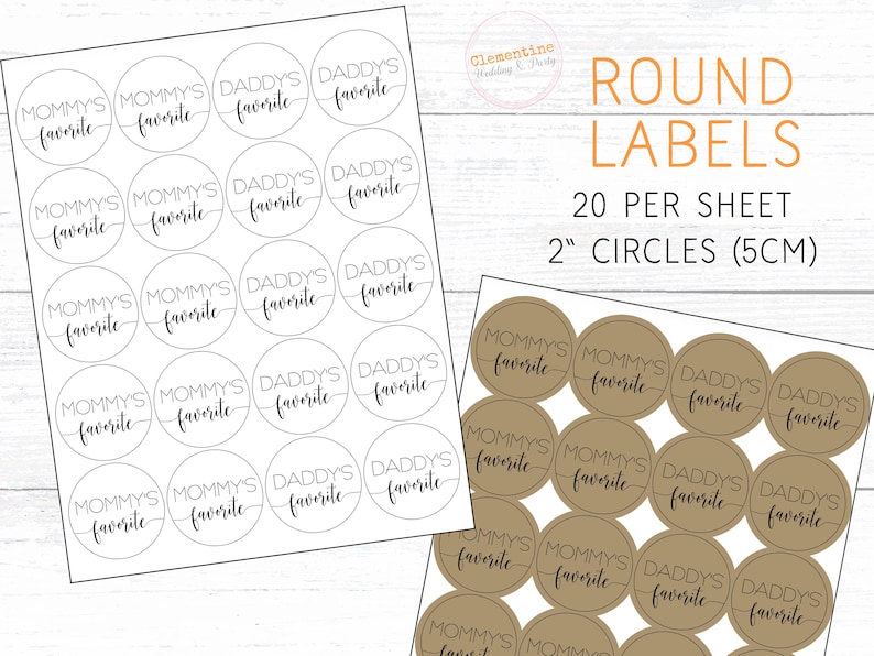 Round labels on white and kraft paper each with "Mommy's favorite" or "Daddy's favorite." Text indicates 20 per sheet, 2-inch circles.
